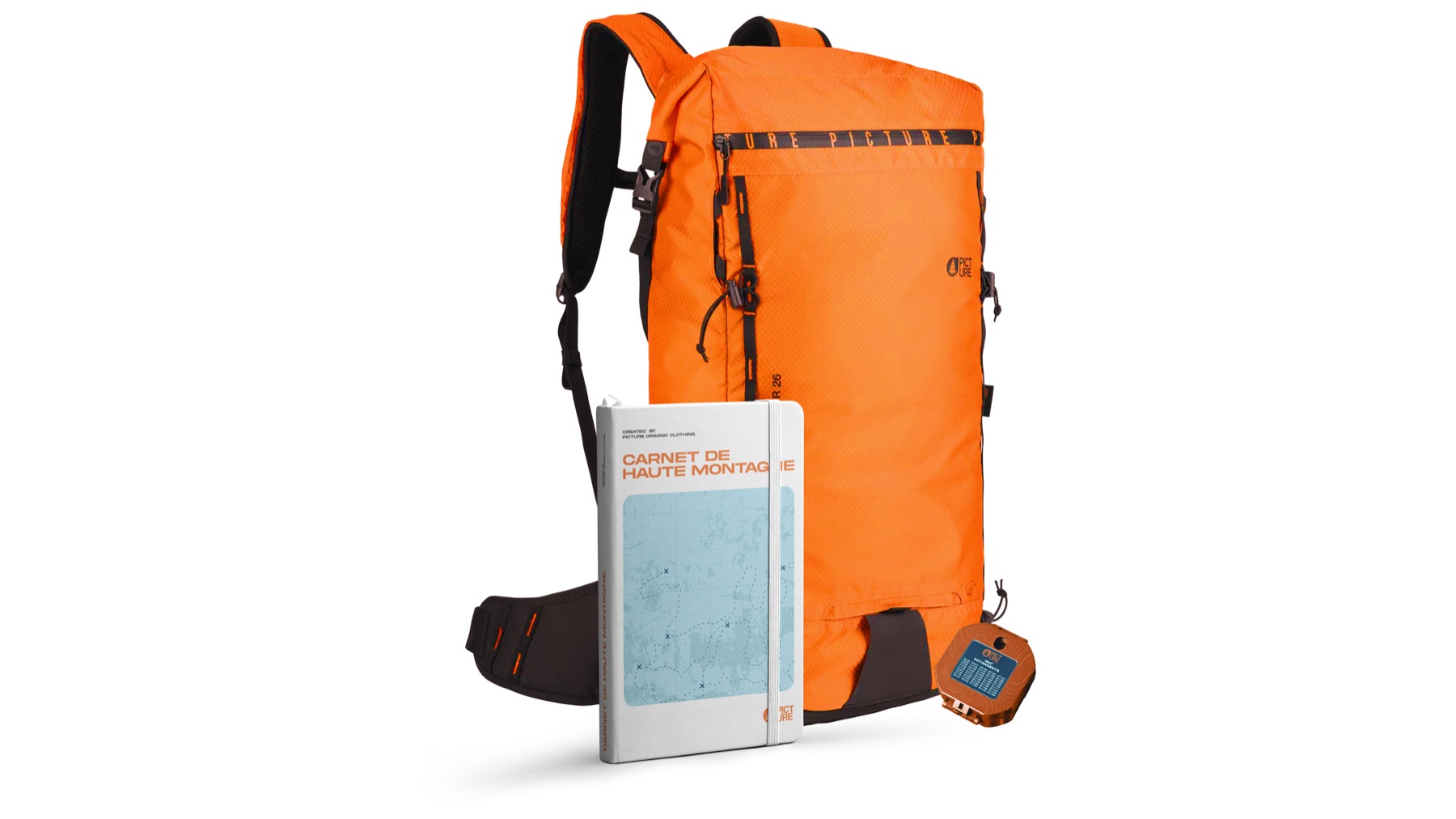 Le kit Silent Season : sac Picture orange, carnet de haute montagne et boussole